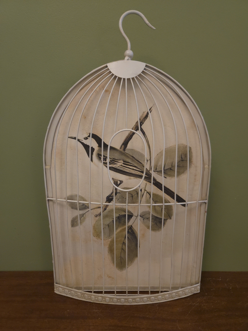 White Metal Half Bird Cage Wall Art with Botanical Print